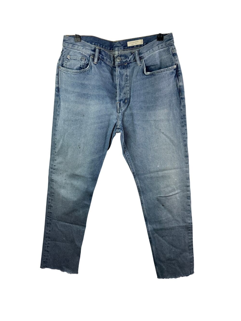 AllSaints Dean Blue Jeans Denim Distressed Straight Leg Raw Hem Zip Fly Size 32
